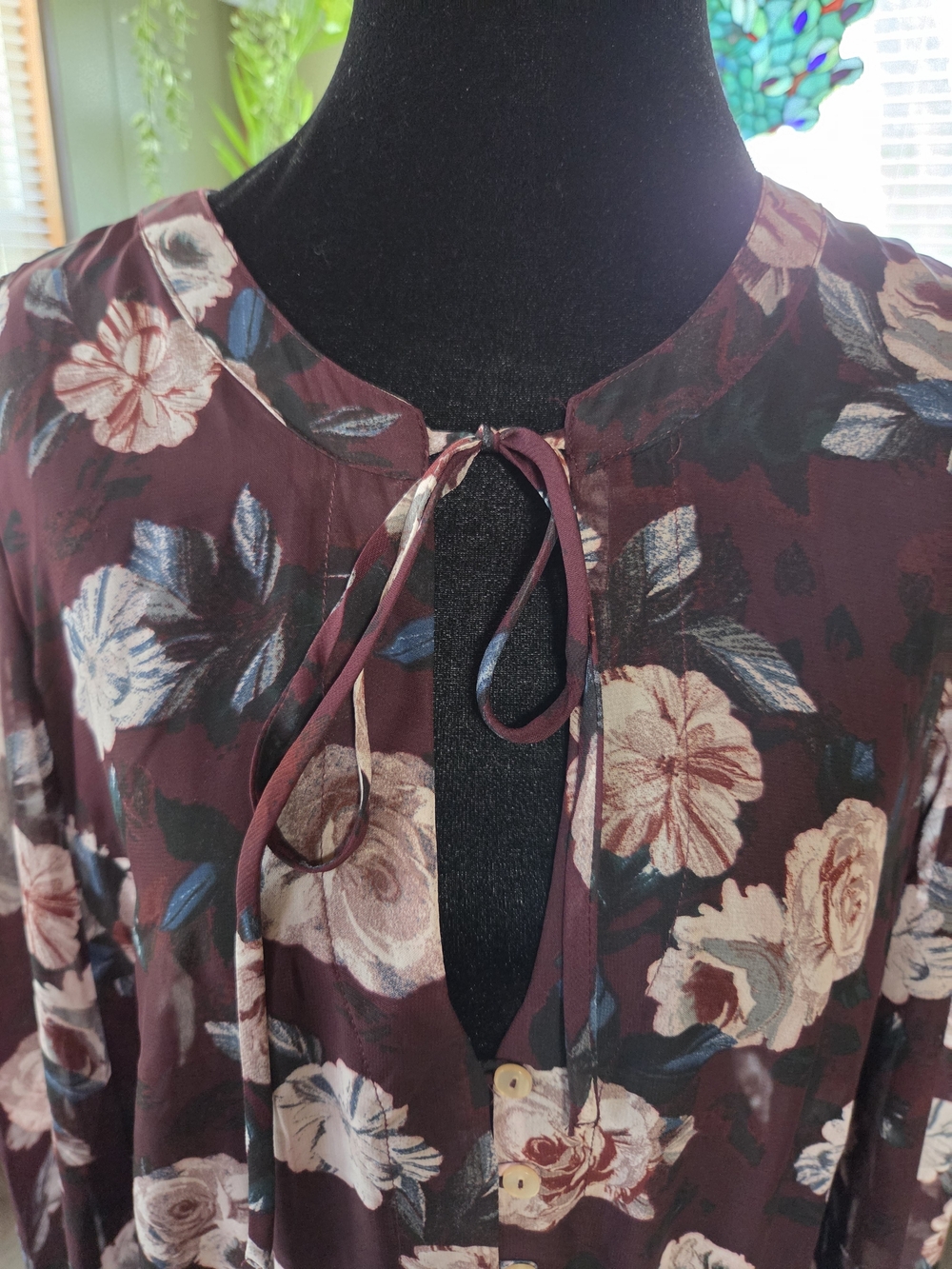 Plus Sheer Burgundy Chiffon Floral Maxi High-Low Fall Floral Dress 0X - Picture 5 of 13